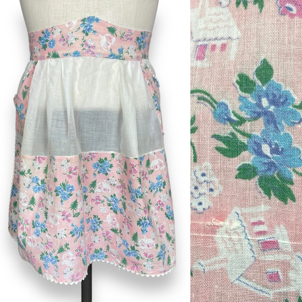 Vintage Half Apron Hostess Wedding Chapel Church Floral Pattern Sheer White Pink